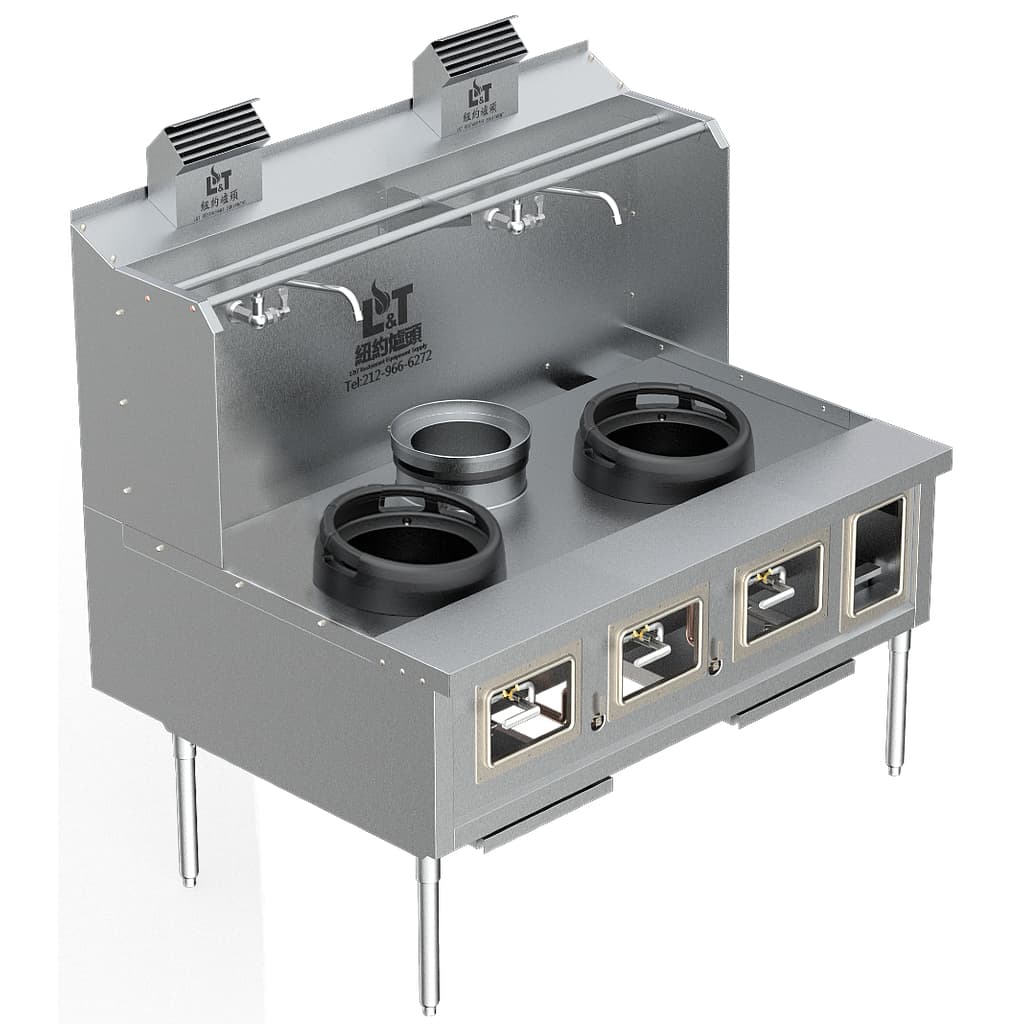 Custom Made Back Drainage Ductile Iron Wok Range New York Hong Kong Style 2 Burners + 1 Soup Pot