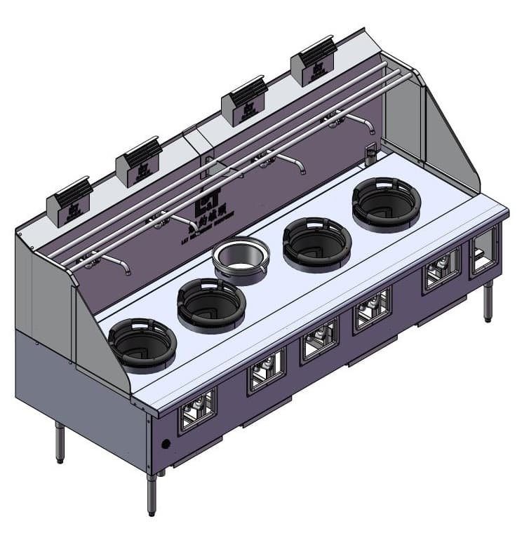 Hd 4-Burner Ductile Iron Chamber Wok Range with 1- Back Pot