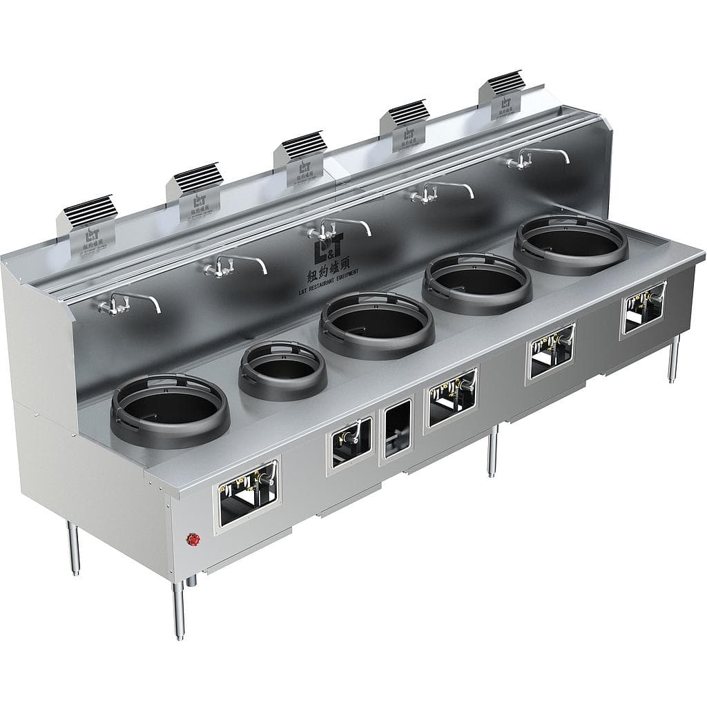 Custom Made Back Drainage Ductile Iron Wok Range New York Style 5 Burners