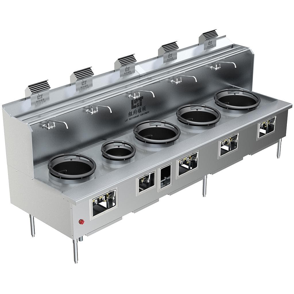 Custom Made Back Drainage Ductile Iron Wok Range 5 Burners