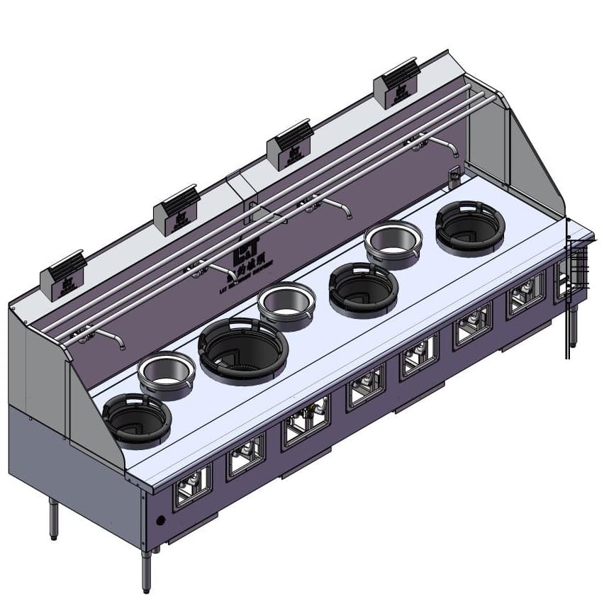 Custom 4- Ductile Iron Chambers Wok Range with 3- Soup Pot
